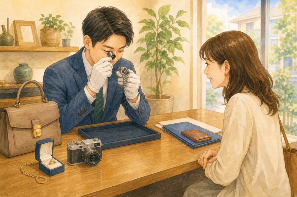 店頭でスタッフが腕時計を査定し、客が説明を聞く様子