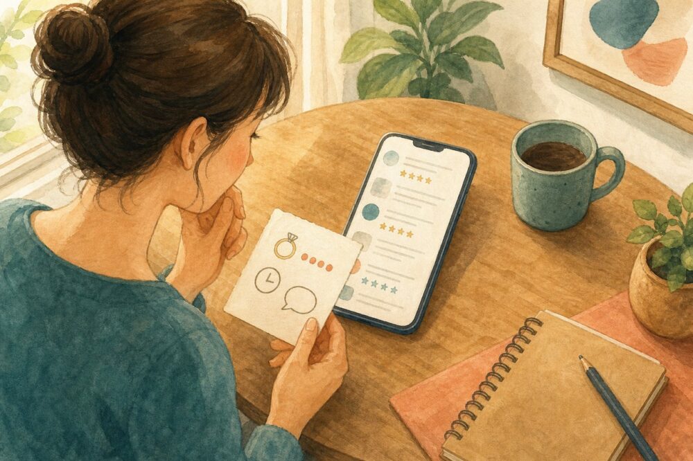 口コミの内容をスマートフォンとメモで確かめる人