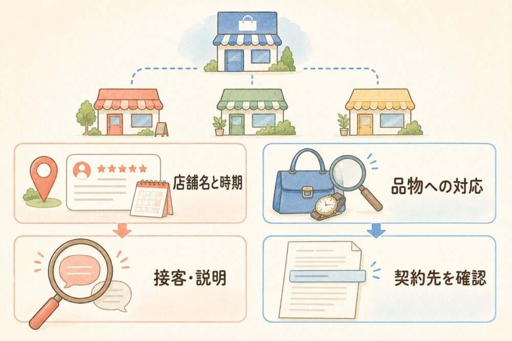 店舗ごとの口コミと品物への対応、契約先を確認する図
