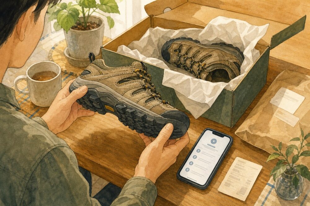 届いたKEENの靴と販売元情報を自宅で確認する様子