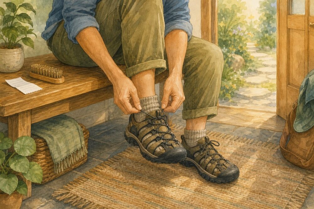 玄関でKEENの靴を履き、外出の準備をする人