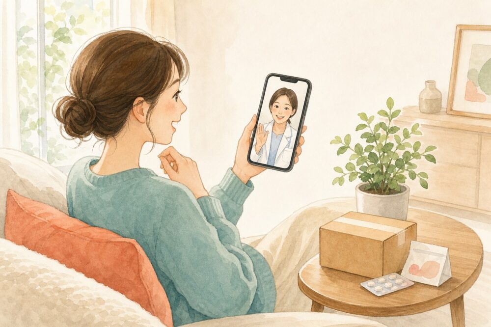 自宅でスマートフォン越しに医師の診察を受ける人