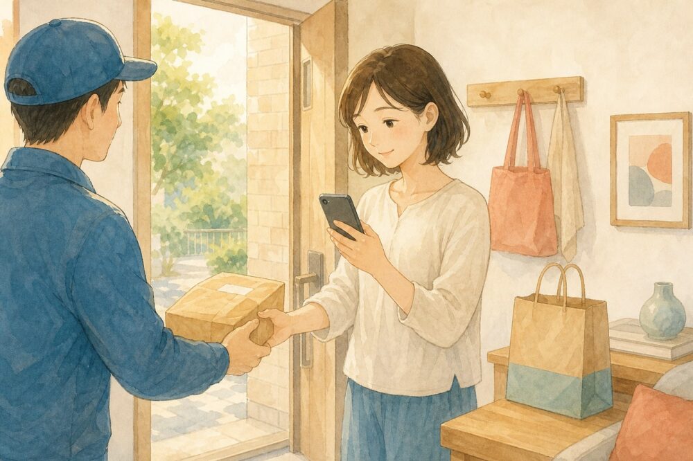診察後、自宅で薬の小包を受け取る人