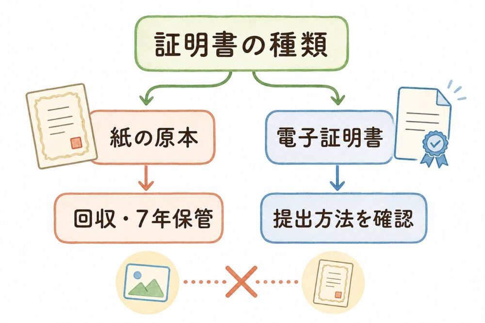 証明書の種類に応じて原本保管や提出方法を確認する図