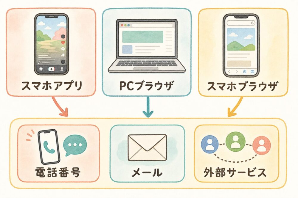 登録先3種類と電話番号・メール・外部サービスの認証方法を示す図