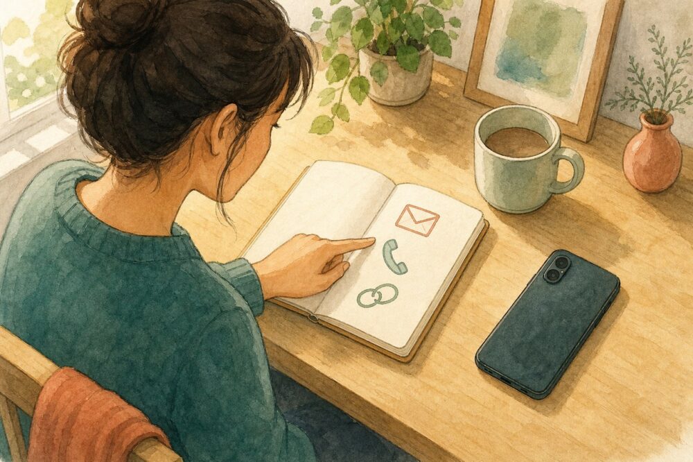 登録方法をメモで確認する人とスマートフォン