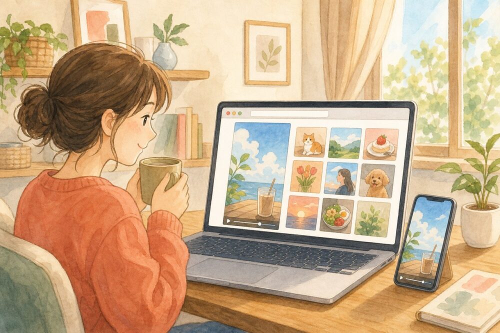 ノートパソコンのブラウザで動画を楽しむ人