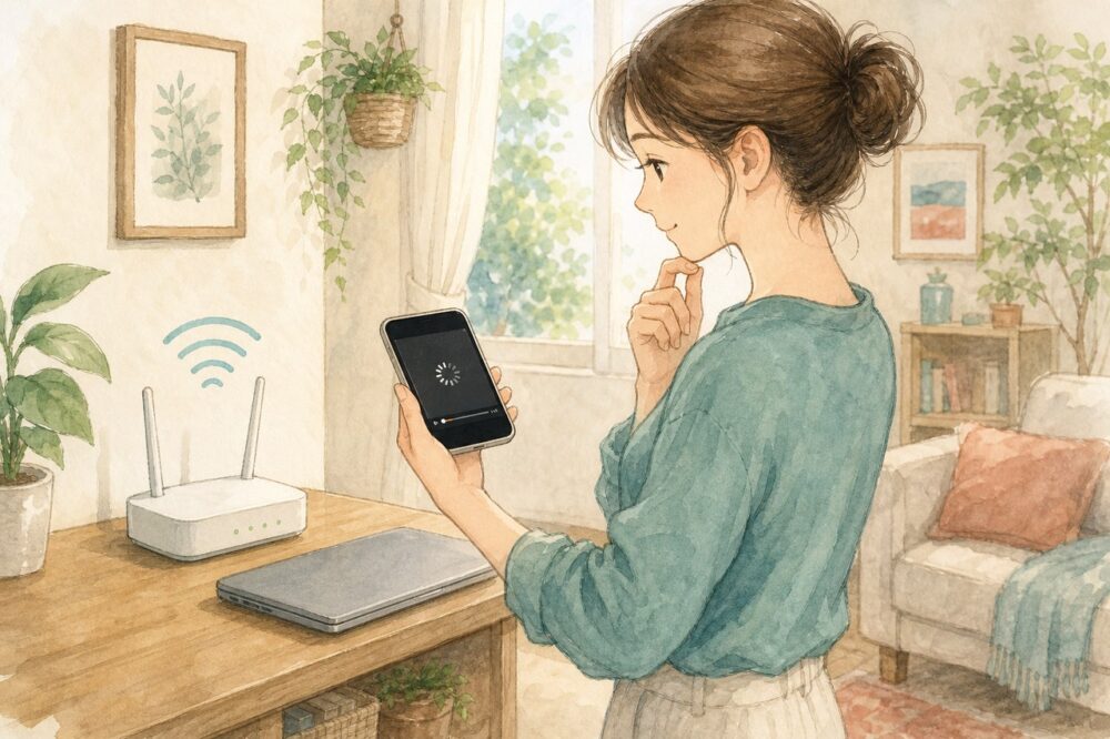 スマートフォンとWi-Fiルーターを確認する人物