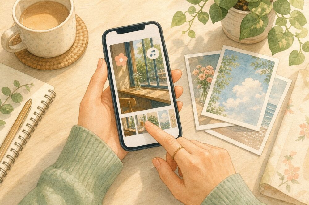 保存した写真を選びストーリー用に編集する手元