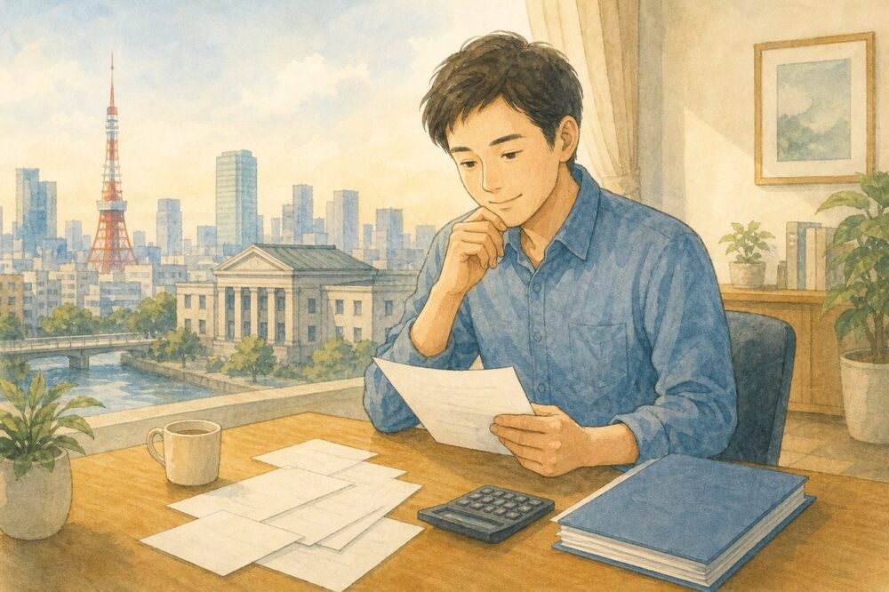 東京の街並みを背景に返済書類を整理する人物