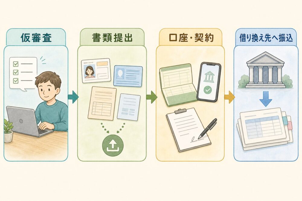 仮審査から書類提出、口座・契約、借り換え先への振込までを示す図解