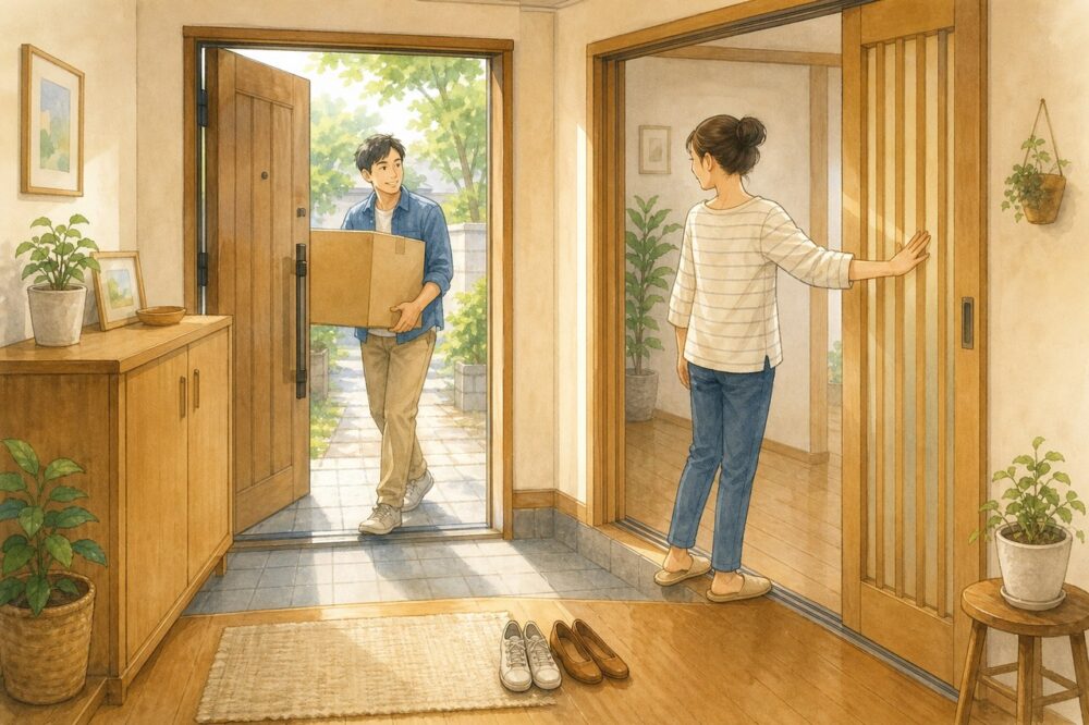 親子ドアから大きな荷物を運び入れる玄関