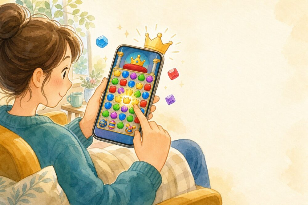 広告のないパズルゲームを楽しむ人のスマートフォン
